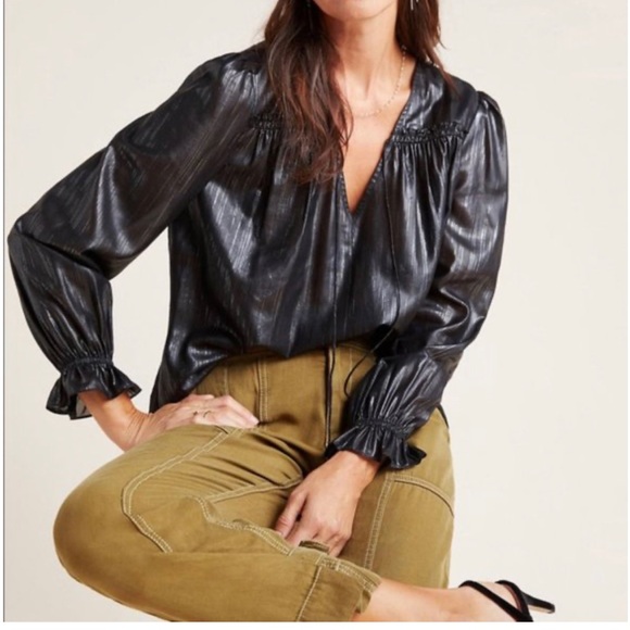 Anthropologie Current Air BLACK Metallic Blouse Size S - Picture 2 of 9